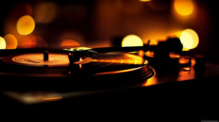 Obraz premium A vinyl record on a retro music player in close-up in golden light. AI.