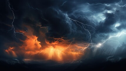 Bright lightning strike in a thunderstorm at night. - obrazy, fototapety, plakaty