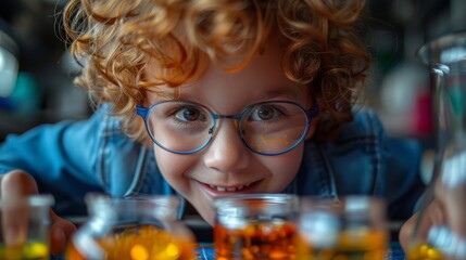   A child in glasses closely holds a beaker before a table filled with glassware