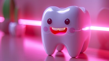   A tooth with a smiling expression, tightly framed, set against a backdrop of a glowing red light
