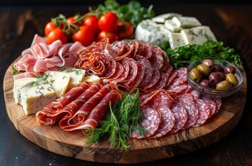 This image features a delicious spread of various cured meats, artisan cheeses, olives, and fresh herbs on a wooden board, perfect for social gatherings