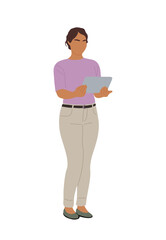Young business woman using digital tablet. Pretty girl in smart casual outfit holding gadget, texting, chatting. Female cartoon character Vector realistic illustration on transparent background.