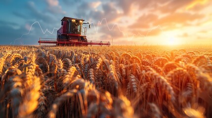   A red and black combine harvester works in a wheat field against a sunny backdrop Sun rays extend behind the machine, while clouds populate the azure sky - obrazy, fototapety, plakaty