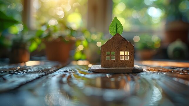   A tiny wooden house, crowned with a solitary green leaf, sits atop a table beside a potted plant