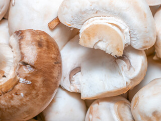 Fresh chopped champignon mushrooms, ready for cooking. Close up
