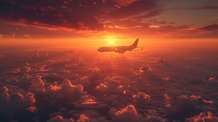   A large jetliner flies through a sunset, its silhouette contrasting against a vast, cloud-filled sky The sun peeks through scattering clouds, casting hues of orange - obrazy, fototapety, plakaty