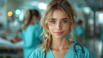   A woman in a stethoscope addresses a group of people in scrubs within a hospital setting