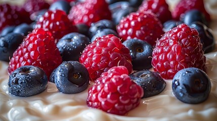   A tight shot of a cake topped with blueberries and raspberries, accompanied by a scattering of raspberries at its base