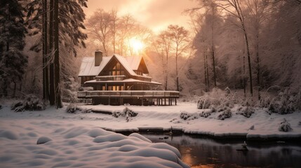 Fantastic winter landscape panorama with wooden house in snowy mountains. Starry sky with Milky Way and snow covered hut.
