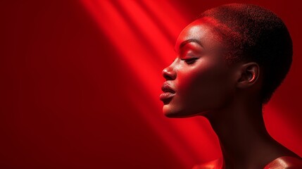   A woman, with her eyes shut, stands before a bold red backdrop Behind her glows a radiant red light