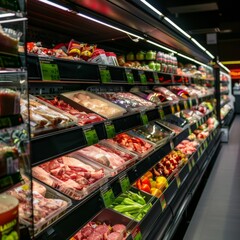 Supermarket meat section with variety of packaged products
