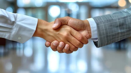   A tight shot of two people handshaking, surrounded by a hazy building backdrop