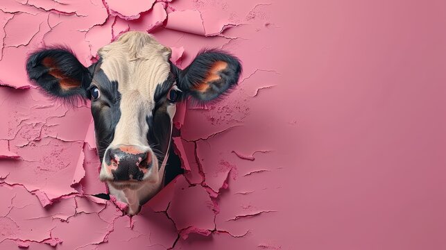   A black-and-white cow peeks out of a pink wall's hole, with peeling paint