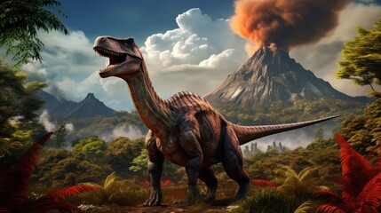 Dinosaur stands in prehistoric environment with a erupting volcano. Photorealistic.