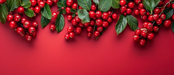   Red backdrop featuring a cluster of plump red berries atop verdant green leaves Text or image insertion area available - obrazy, fototapety, plakaty