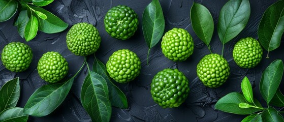   A collection of green fruits atop a table with green, leaf-covered surface, adjacent to standing green leaves - obrazy, fototapety, plakaty