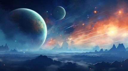 Alien land landscape with giant planet and mountains. Fantasy wall paper. - obrazy, fototapety, plakaty