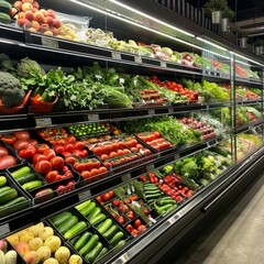 Fresh vegetables and fruits on display in a supermarket grocery section