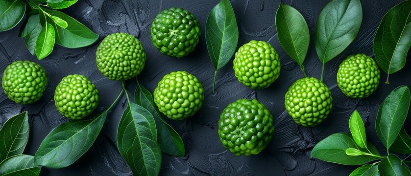   A collection of green fruits atop a table with green, leaf-covered surface, adjacent to standing green leaves