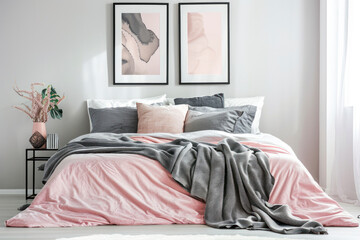 Grey blanket on pink bed against the wall with poster in modern bedroom interior.
