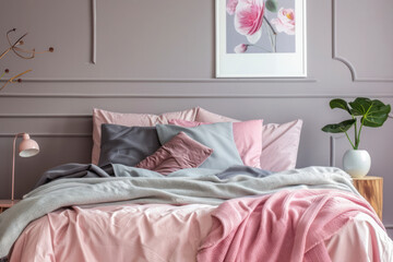 Grey blanket on pink bed against the wall with poster in modern bedroom interior.
