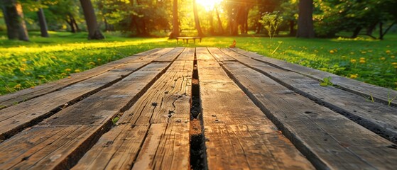   A wooden table situated in a park's center, bathed in sunlight Grass surrounds it, trees behind glow - obrazy, fototapety, plakaty