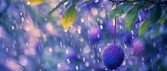   A blue fruit dangles from a rain-soaked tree, its leaves speckled with water droplets against a blurred backdrop