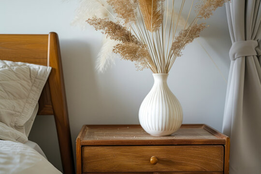 Retro wooden bedside table. Modern white ceramic vase, dry grass.