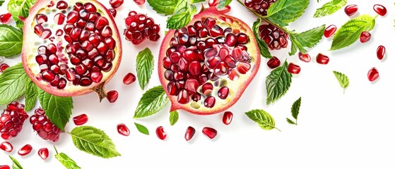   A cluster of pomegranates surrounded by foliage on a pristine white backdrop Ample room for text insertion