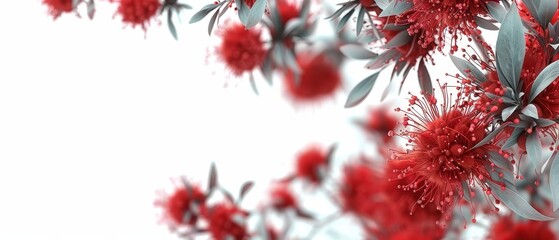   A tight shot of red blooms against a pristine white backdrop, featuring an unoccupied white expanse in the image