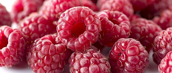   A stack of raspberries atop a pristine white counter, neighboring another stack