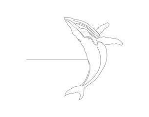 Continuous line drawing of blue whale fish. One line of swimming blue whale. Marine animal concept continuous line art. Editable outline.