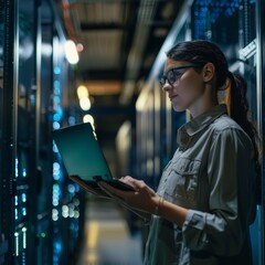Female IT professional working on laptop in server room