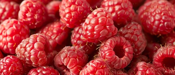   A heap of red raspberries atop another, adjacent pile