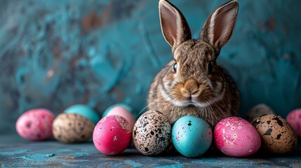 Fototapeta na wymiar A rabbit sits before a lined-up row of painted blue eggs, surrounded by speckled ones