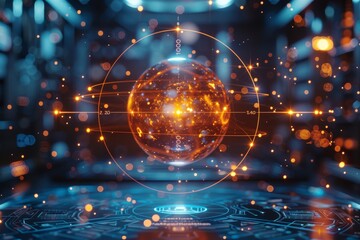 A digital representation of a futuristic network with a glowing orb at its core, suggestive of connectivity