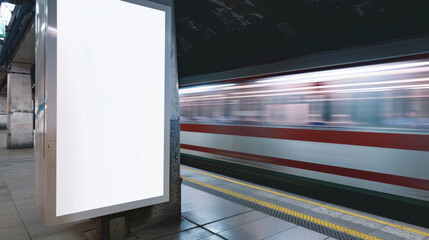 Long exposure, white vertical mock up banner on underground station with motion blurred train. - obrazy, fototapety, plakaty