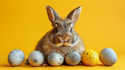  A rabbit sits before a cluster of speckled eggs against a sunny yellow backdrop, with three eggs prominently displayed in the foreground