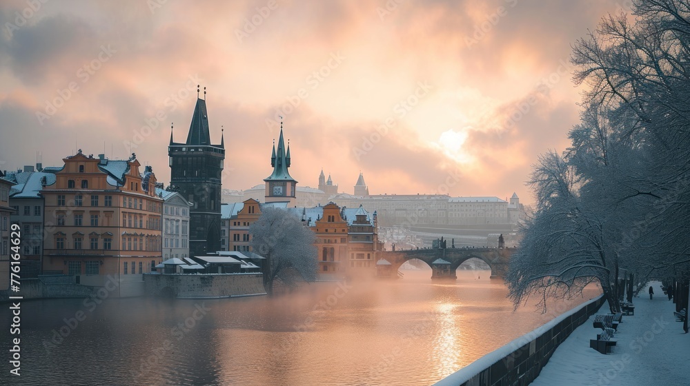 Wall mural Charles bridghe with beautiful historical buildings at sunrise in winter in Prague city in Czech Republic in Europe.