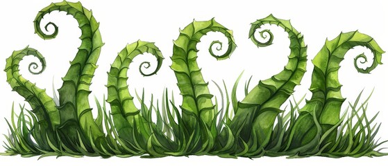   A drawing of a green plant with a spiral design atop its head and 2012 inscribed within the grass - obrazy, fototapety, plakaty