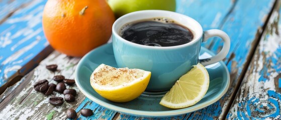   A cup of coffee rests on a saucer, accompanied by a lemon, coffee beans, and two oranges
