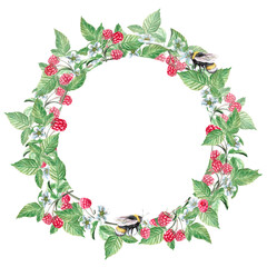 A wreath of raspberry branches, with a jar of jam, a bee, berries and flowers in a watercolor illustration on a white background. Hand drawn wreath for cookbooks, invitations, cards.