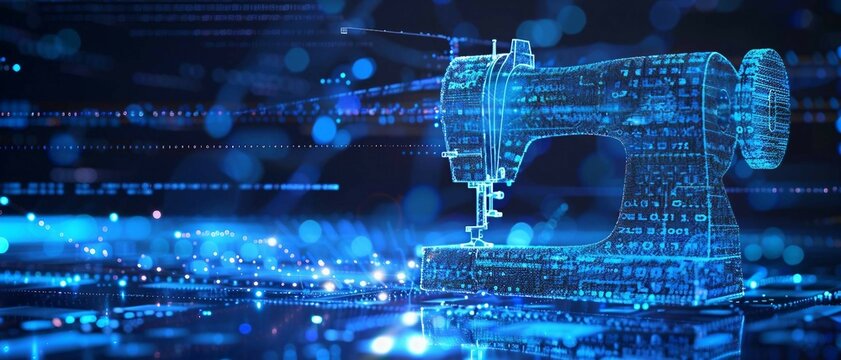 digital sewing machine with glowing data stream symbolizes the integration of artificial intelligence into garment stitching and sewing processes. wireframe low poly.
