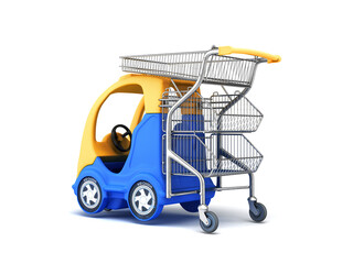 Baby blue car with a shopping basket in the back back view 3d render on white - 776165015