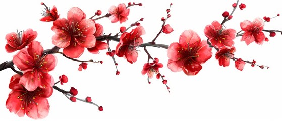   A red-blooming cherry branch against a pristine white backdrop Text or image insertion area