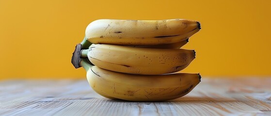   A collection of bananas arranged vertically on a wooden table against a yellow wall backdrop - obrazy, fototapety, plakaty