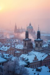 Fototapeta na wymiar Beautiful historical buildings in winter with snow and fog in Prague city in Czech Republic in Europe.