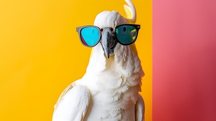 A white cockatoo wearing slick shades presents with certainty on colored background