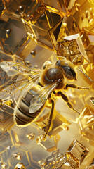 an elegant bee on the golden honeycomb, surrounded by crystal blocks The bees wings and body sparkle with gold accents 
