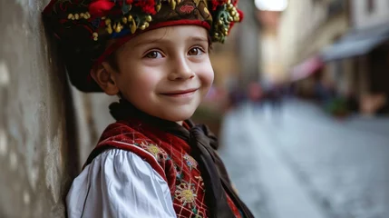  A little boy in traditional Czech clothing in street with historic buildings in the city of Prague, Czech Republic in Europe. © rabbit75_fot